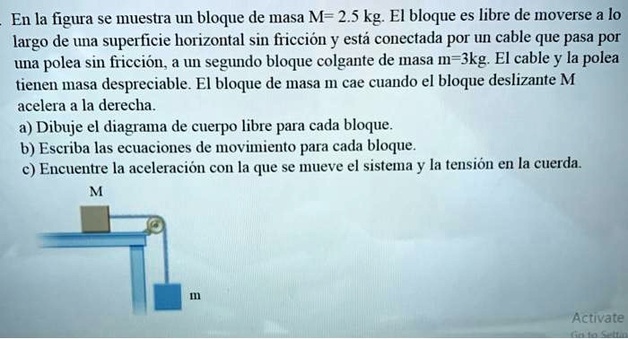 En la figura se muestra un bloque de masa M= 2.5 kg. El bloque es libre de moverse a lo largo de una superficie horizontal sin fricción y está conectada por un cable que pasa por una polea sin fricción, a un segundo bloque colgante de masa m=3kg. El cable y la polea tienen masa despreciable. El bloque de masa m cae cuando el bloque deslizante M acelera a la derecha.
a) Dibuje el diagrama de cuerpo libre para cada bloque.
b) Escriba las ecuaciones de movimiento para cada bloque.
c) Encuentre la aceleración con la que se mueve el sistema y la tensión en la cuerda.