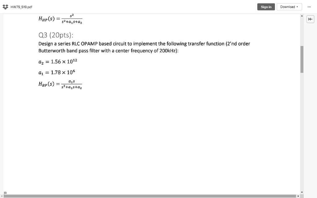 SOLVED Q3 (20pts) Design a series RLC OPAMPbased circuit to