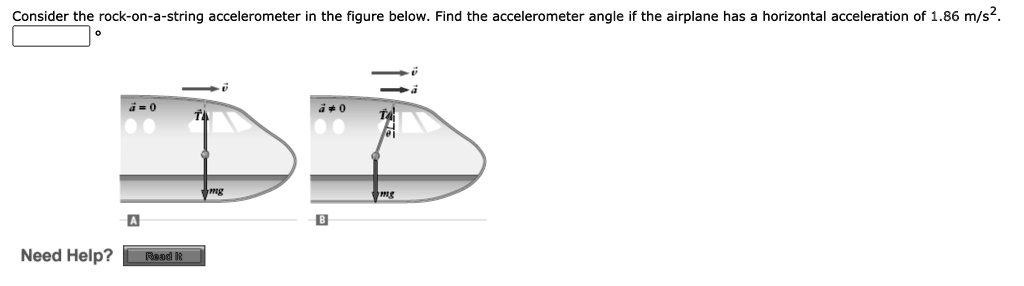 Consider the rock-on-a-string accelerometer in the figure below. Find the accelerometer angle if the airplane has a horizontal acceleration of 1.86 m/s^2.
a⃗ = 0
a⃗≠ 0
Need Help? Read It