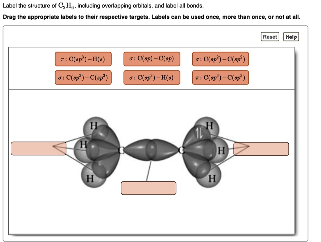 Label the structure of C2H6, including overlapping orbitals, and label all bonds.
Drag the appropriate labels to their respective targets. Labels can be used once, more than once, or not at all.
Reset Help
?: C(sp³)-H(s)
?: C(sp)-C(sp)
?: C(sp²)-C(sp²)
?: C(sp³)-C(sp³)
?: C(sp³) -H(s)
?: C(sp³)-C(sp³)
H
H
H
11
H
H
H