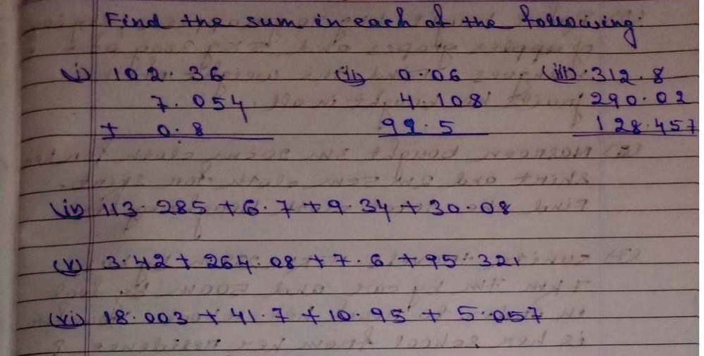 Find the sum in each of the following.
(i) 102.36
7.054
+ 0.8
(ii) 0.06
4.108
99.5
(iii) 312.8
290.02
128.457
(iv) 113.285 + 6.7 + 9.34 + 30.08
(v) 3.42 + 264.08 + 7.6 + 95.321
(vi) 18.003 + 41.7 + 10.95 + 5.057