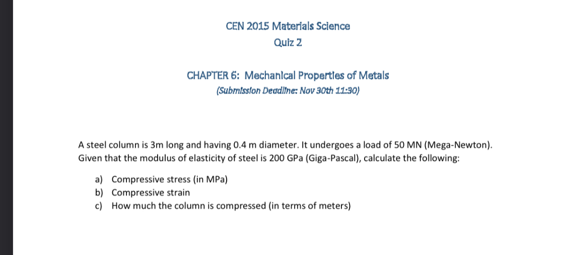 SOLVED CEN 2015 Materials Science Quiz 2 CHAPTER 6 Mechanlcal