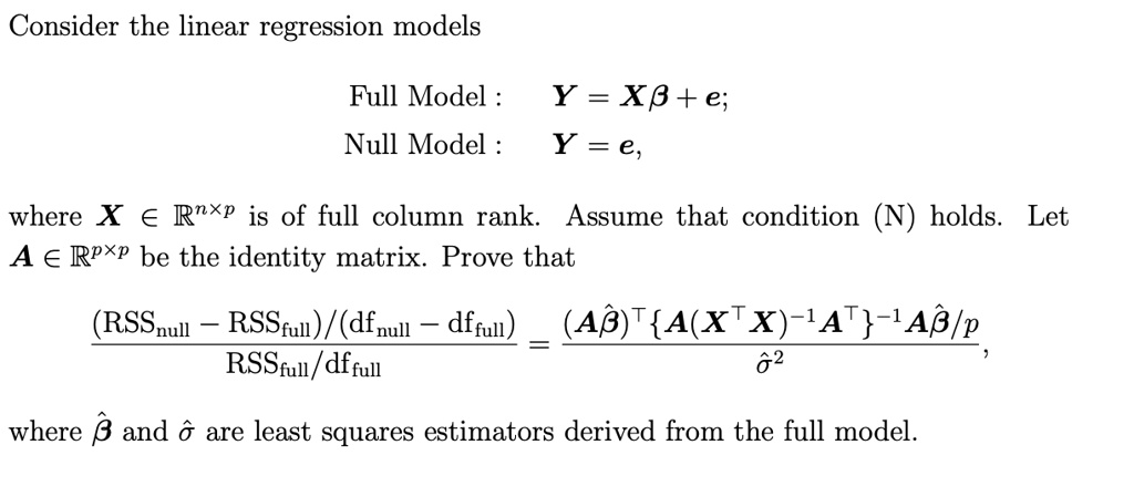 SOLVED:Consider the linear regression models Full Model Null Model Y ...
