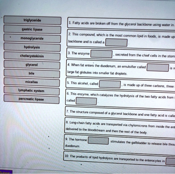 SOLVED triglyceride Fatty acids are broken olf from the glycerol