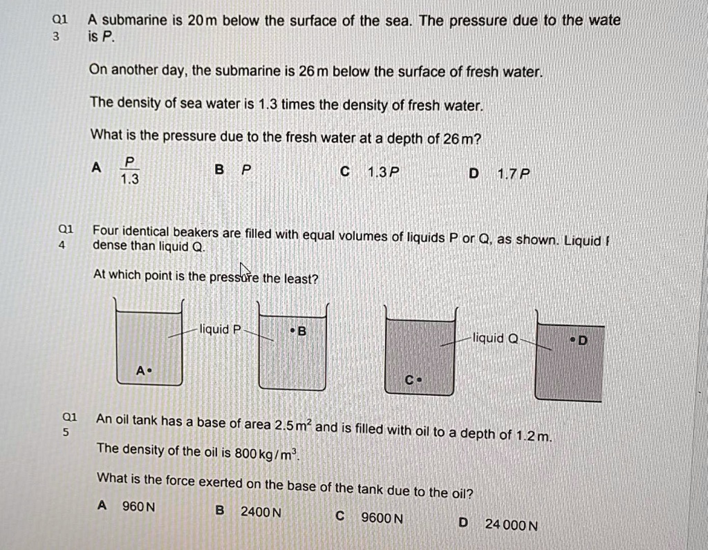 SOLVED A submarine is 20m below the surface of the sea. The pressure