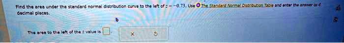 Find the area under the standard normal distribution curve to the left of z = -0.73. Use The Standard Normal Distribution Table and enter the answer to 4 decimal places.

The area to the left of the z value is