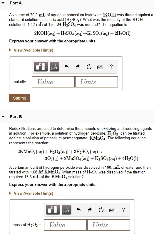SOLVED Part A Avolume of 70.0 mL of aqueous potassium hydroxide (KOH) was titrated against