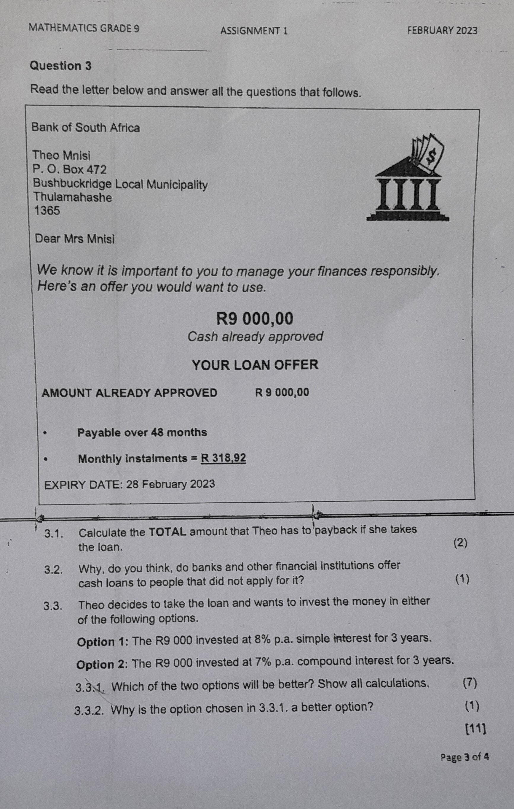 mathematics grade 9 assignment 1 february 2023 answers