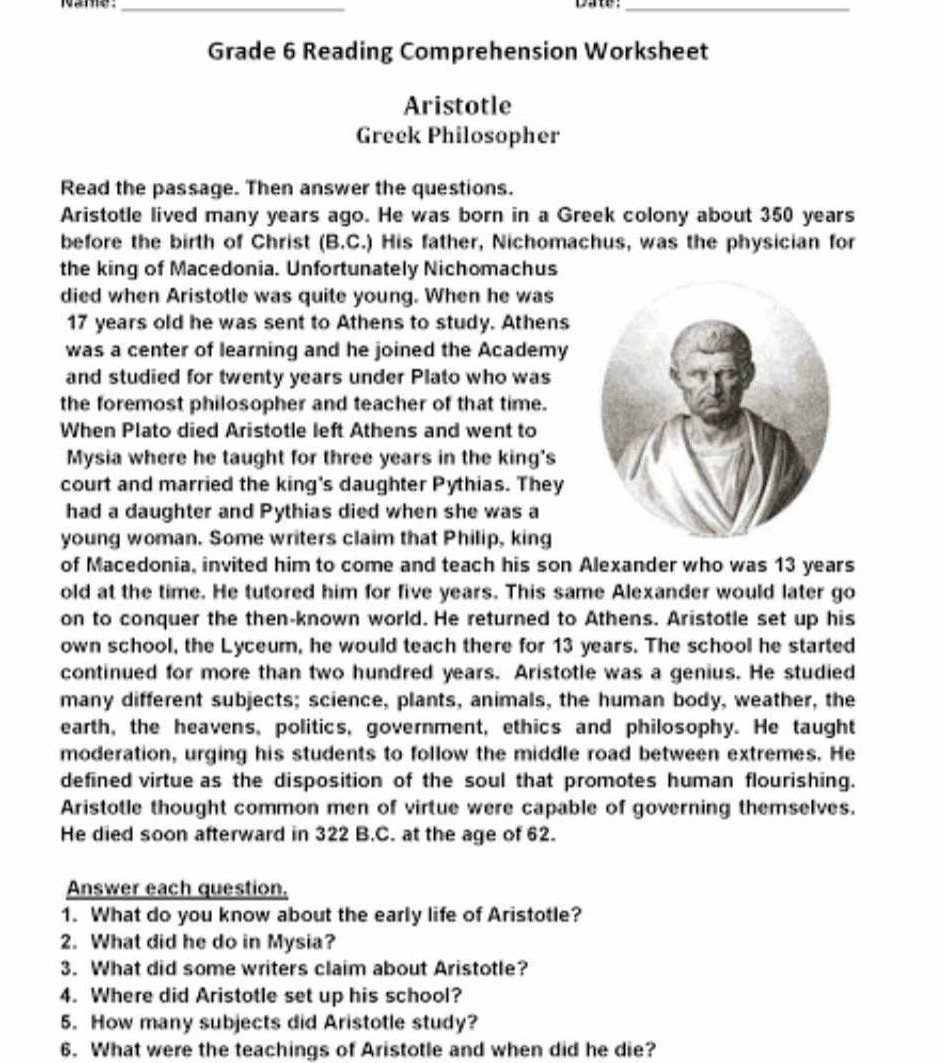 Grade 6 Reading Comprehension Worksheet Aristotle Greek Philosopher ...