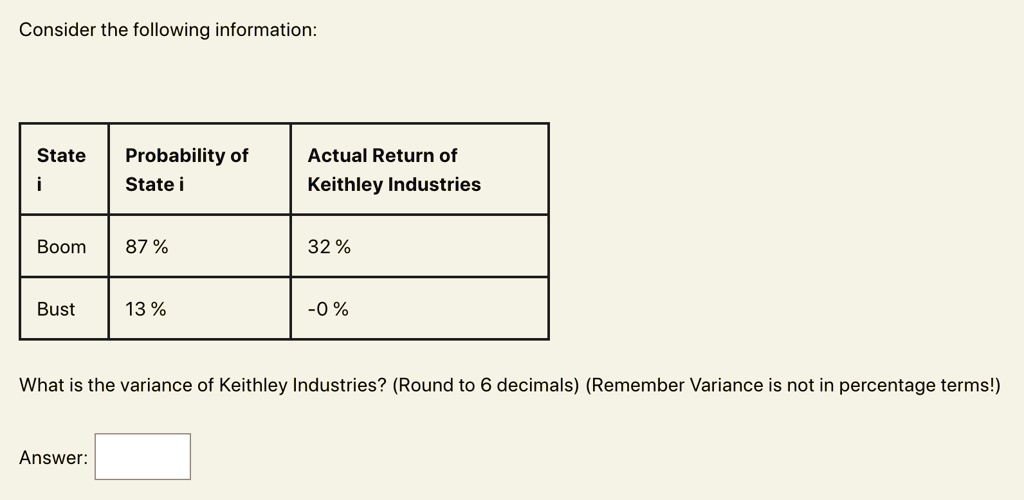 Solved: What Is The Variance Of Keithley Industries? (round To 6 