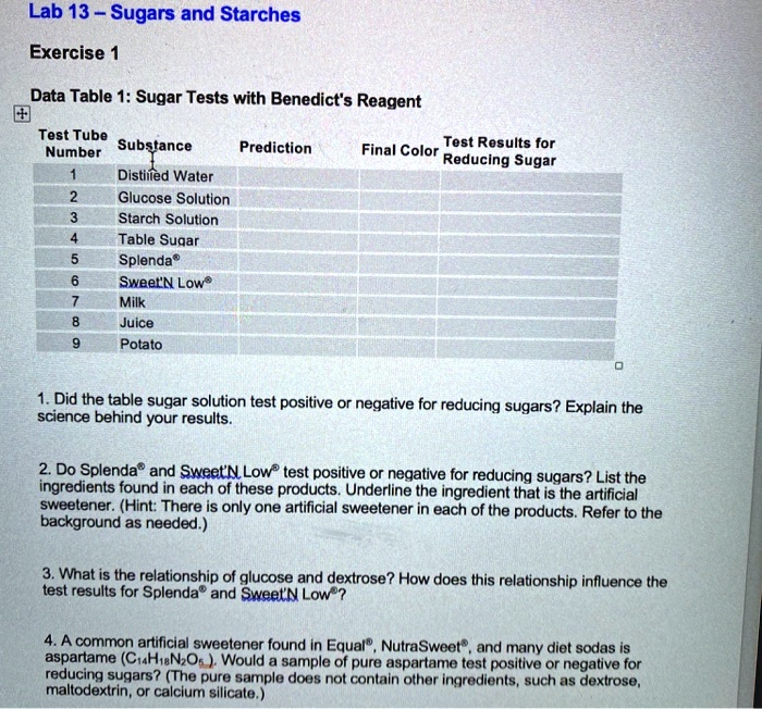 Lab 13 Sugars and Starches Exercise Data Table 1 Sugar Tests with