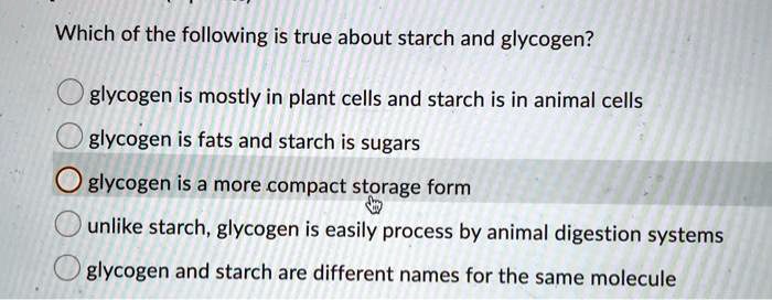 SOLVED: Which of the following is true about starch and glycogen? glycogen  is mostly in plant cells and starch is in animal cells glycogen is fats and  starch is sugars glycogen is