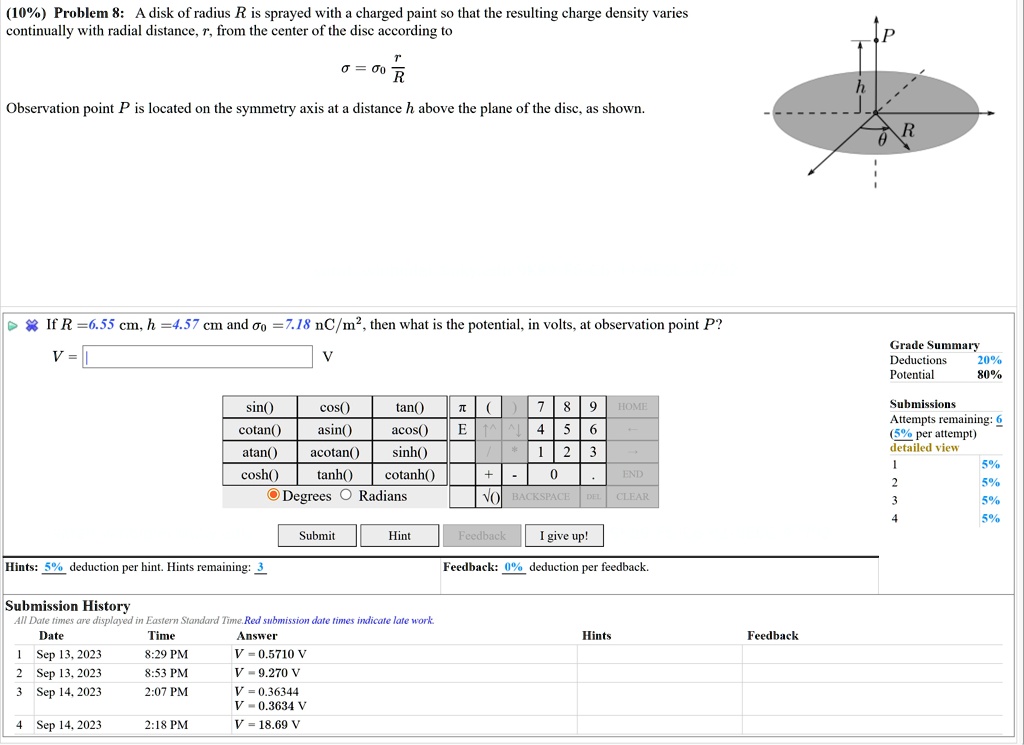 the submissions on the bottom are incorrect please help i will give a thumbs up if correct 10 problem 8 a disk of radius r is sprayed with a charged paint so that the resulting charge densit 96916