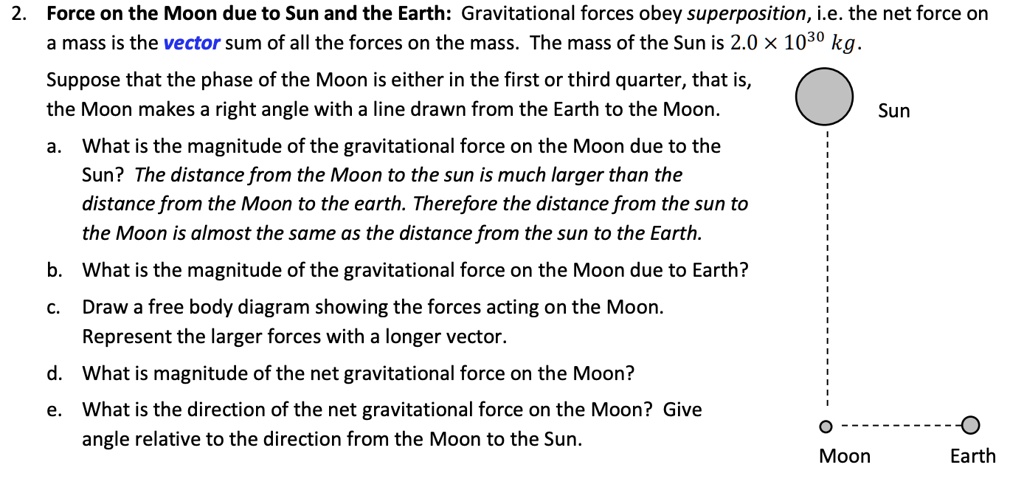 2. Force on the Moon due to Sun and the Earth: Gravitational forces obey superposition, i.e. the net force on
a mass is the vector sum of all the forces on the mass. The mass of the Sun is 2.0    times; 103? kg.
Suppose that the phase of the Moon is either in the first or third quarter, that is,
the Moon makes a right angle with a line drawn from the Earth to the Moon.
a. What is the magnitude of the gravitational force on the Moon due to the
Sun? The distance from the Moon to the sun is much larger than the
distance from the Moon to the earth. Therefore the distance from the sun to
the Moon is almost the same as the distance from the sun to the Earth.
b. What is the magnitude of the gravitational force on the Moon due to Earth?
c. Draw a free body diagram showing the forces acting on the Moon.
Represent the larger forces with a longer vector.
d. What is magnitude of the net gravitational force on the Moon?
e. What is the direction of the net gravitational force on the Moon? Give
angle relative to the direction from the Moon to the Sun.