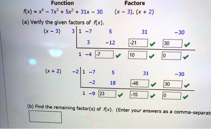 Function Factors
f(x) = x^4 - 7x^3 + 5x^2 + 31x - 30
(x - 3), (x + 2)
(a) Verify the given factors of f(x).
(x - 3)
3 | 1 -7 5 31 -30
    3 -12 -21 30
  1 -4 -7 10 0
(x + 2)
-2 | 1 -7 5 31 -30
    -2 18 -46 30
  1 -9 23 -15 0
(b) Find the remaining factor(s) of f(x). (Enter your answers as a comma-separate