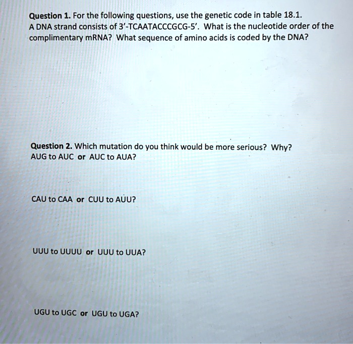Question 1. For the following questions, use the genetic code in table 18.1. A DNA strand consists of 3'-TCAATACCCGCG-5'. What is the nucleotide order of the complimentary mRNA? What sequence of amino acids is coded by the DNA?

Question 2. Which mutation do you think would be more serious? Why?
AUG to AUC or AUC to AUA?

CAU to CAA or CUU to AUU?

UUU to UUUU or UUU to UUA?

UGU to UGC or UGU to UGA?