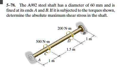 SOLVED: 5-78. The A992 steel shaft has a diameter of 60 mm and is fixed ...
