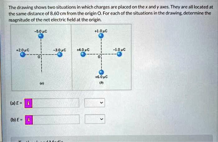 The drawing shows two situations in which charges are placed on the x and y axes. They are all located at the same distance of 8.60 cm from the origin O. For each of the situations in the drawing, determine the magnitude of the net electric field at the origin.
-5.0 ?C
+1.0 ?C
+2.0 ?C
-3.0 ?C
+4.0 ?C
-1.0 ?C
O
O
+6.0 ?C
(a)
(b)
(a) E =
(b) E =