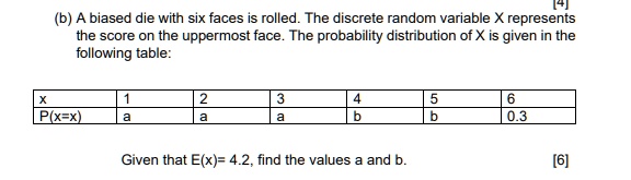 A biased die with six faces is rolled. The discrete random variable X ...