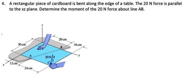 4. A rectangular piece of cardboard is bent along the edge of a table. The 20 N force is parallel to the xz plane. Determine the moment of the 20 N force about line AB.