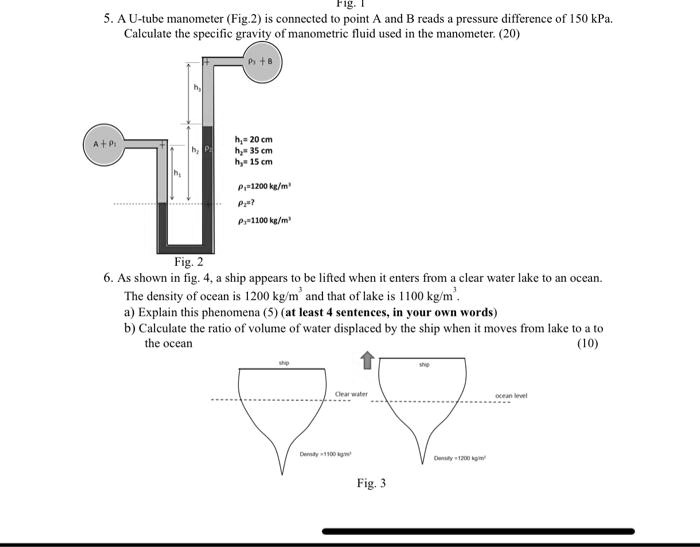 SOLVED Fig.1 5. A Utube manometer (Fig.2) is connected to point A and