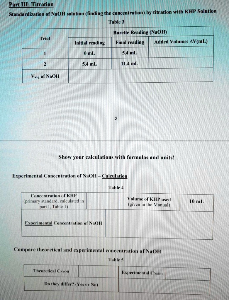 Solved Part Il Titraton Standardization Of Naoh Solution Finding The Concentration By Titration With Khp Solution Table 3 Burette Reading Naoh Trial Initial Rending Final Reading Added Volume Av Ml Ml 544 Ml 54ml