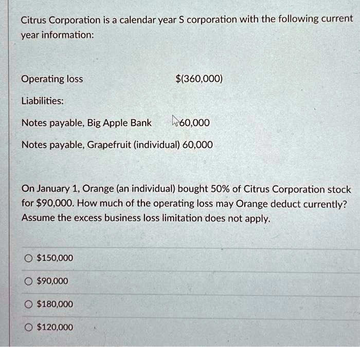 Citrus Corporation is a calendar year S corporation with the following current
year information:
Operating loss
Liabilities:
Notes payable, Big Apple Bank
Notes payable, Grapefruit (individual)
(360,000)
$60,000
60,000
On January 1, Orange (an individual) bought 50% of Citrus Corporation stock
for90,000. How much of the operating loss may Orange deduct currently?
Assume the excess business loss limitation does not apply.
150,00090,000
180,000120,000