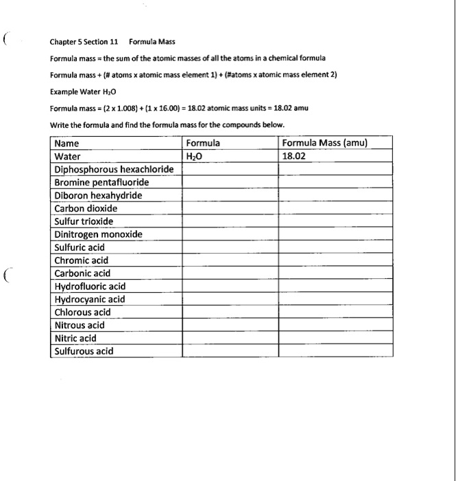mass of elements formula