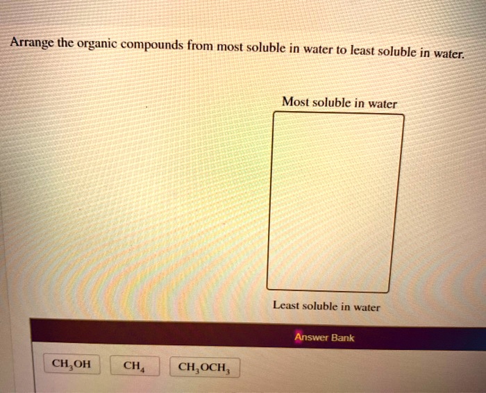 Choose The Compound That Is The Most Soluble In Water SOLVED: Arrange the organic compounds from most soluble in water to