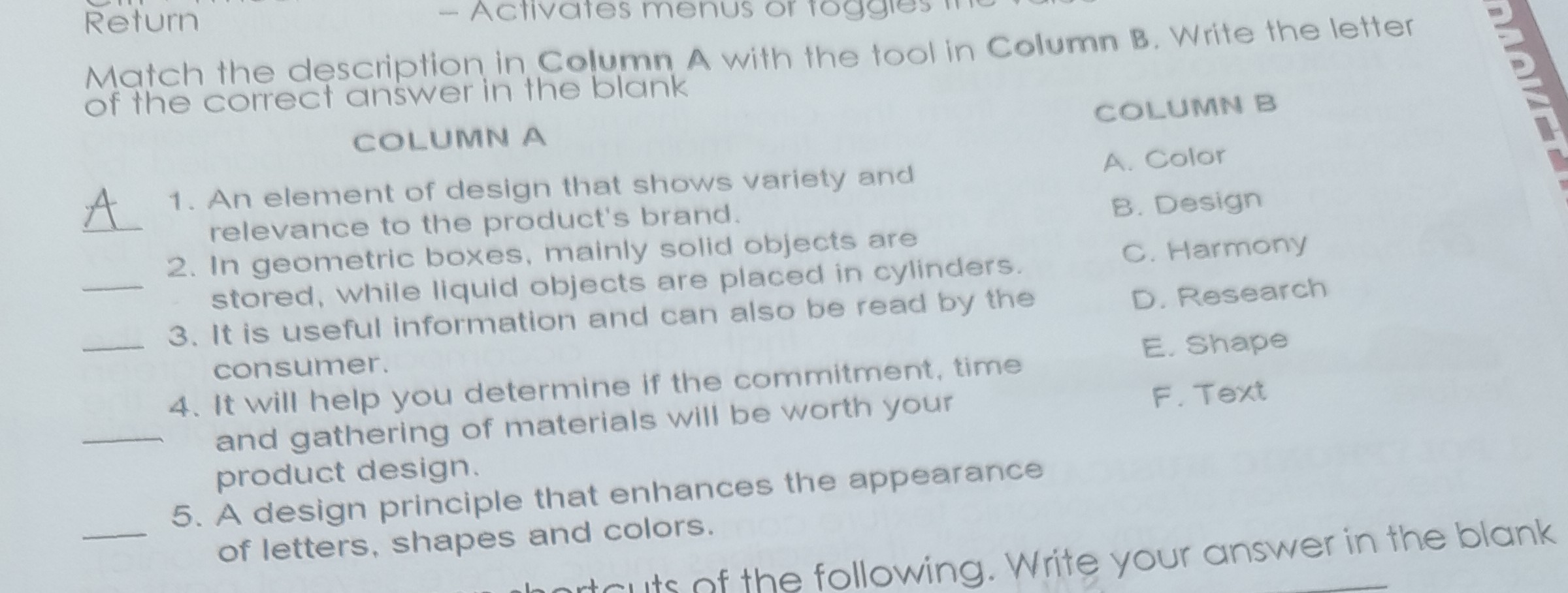 SOLVED Return Match the description in Column A with the tool in Column B. Write the letter of