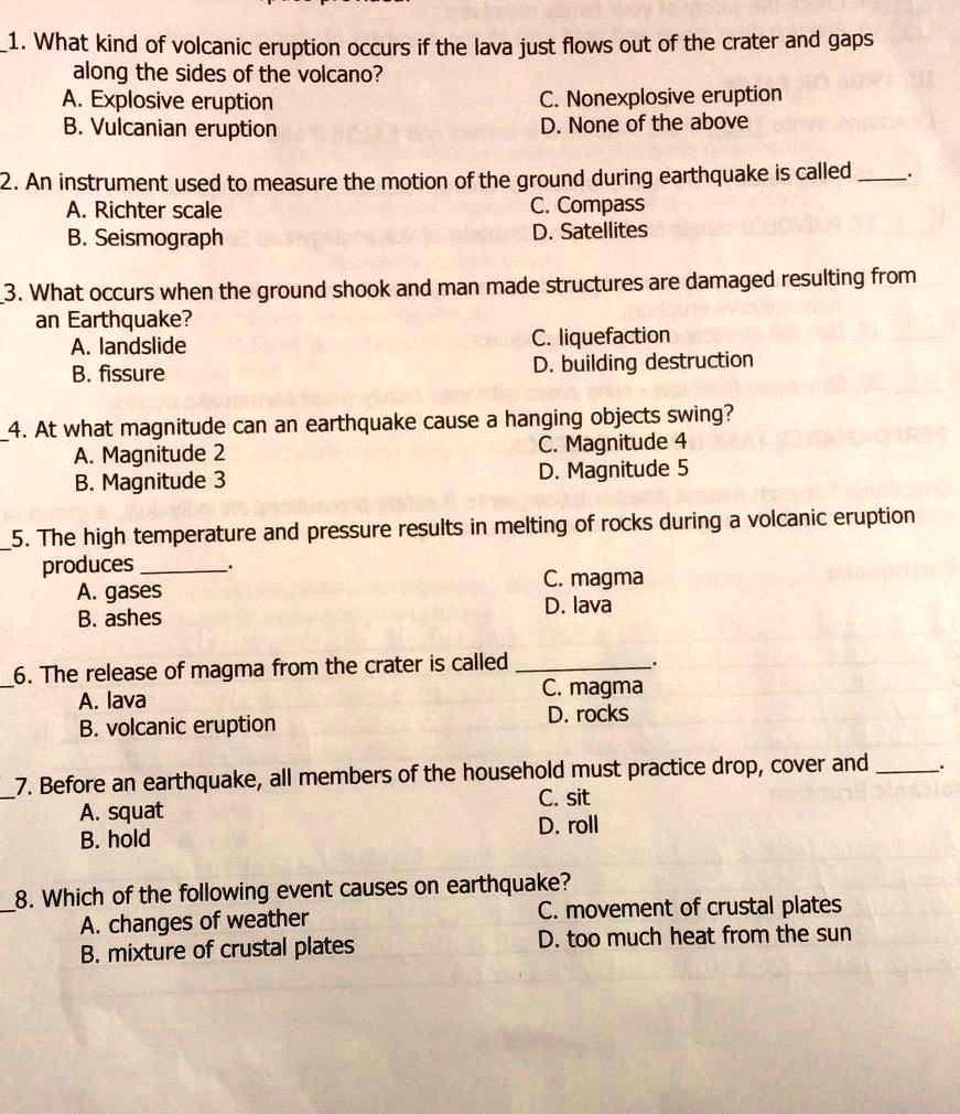 SOLVED Science Answer Please 1. What kind of volcanic eruption occurs