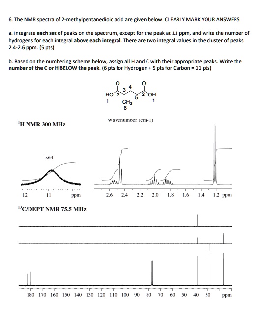 6. The NMR spectra of 2-methylpentanedioic acid are given below. CLEARLY MARK YOUR ANSWERS

a. Integrate each set of peaks on the spectrum, except for the peak at 11 ppm, and write the number of hydrogens for each integral above each integral. There are two integral values in the cluster of peaks 2.4-2.6 ppm. (5 pts)

b. Based on the numbering scheme below, assign all H and C with their appropriate peaks. Write the number of the C or H BELOW the peak. (6 pts for Hydrogen + 5 pts for Carbon = 11 pts)

4
O
HO 2 3
5 2 OH
1
CH3 1
6

Wavenumber (cm-1)
1H NMR 300 MHz
x64
12 11 ppm
2.6 2.4 2.2 2.0 1.8 1.6 1.4 1.2 ppm
13C/DEPT NMR 75.5 MHz
180 170 160 150 140 130 120 110 100 90 80 70 60 50 40 30 ppm