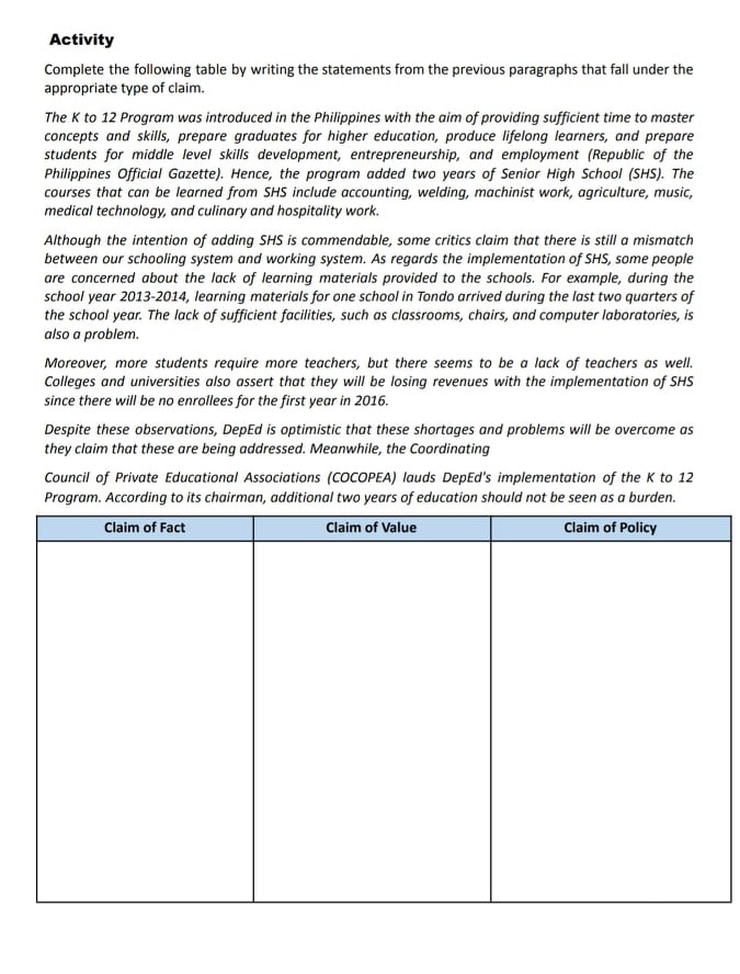 SOLVED: Activity Complete the following table by writing the statements ...