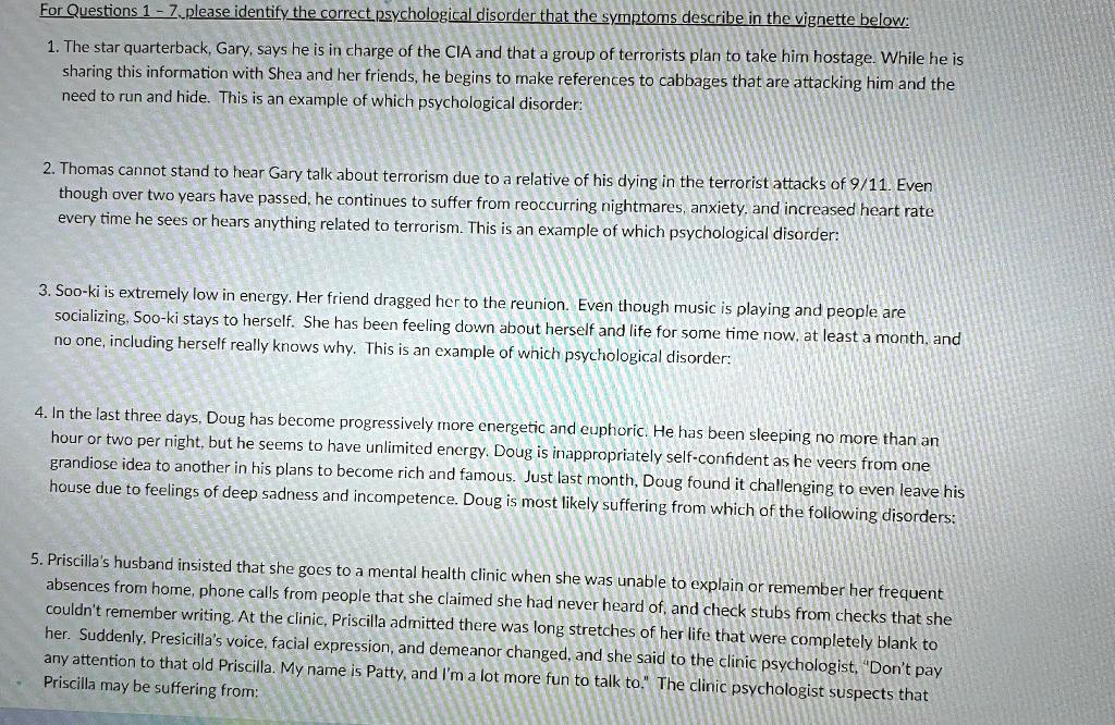 SOLVED: For Questions 1 -Z.please identify the correct psychological ...