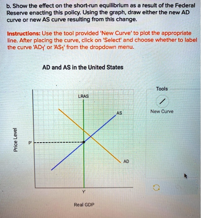 b. Show the effect on the short-run equilibrium as a result of the Federal Reserve enacting this policy. Using the graph, draw either the new AD curve or new AS curve resulting from this change.

Instructions: Use the tool provided 'New Curve' to plot the appropriate line. After placing the curve, click on 'Select' and choose whether to label the curve 'AD?' or 'AS?' from the dropdown menu.

AD and AS in the United States

Price Level

P?

LRAS

AS

AD

Y?

Real GDP

Tools

New Curve