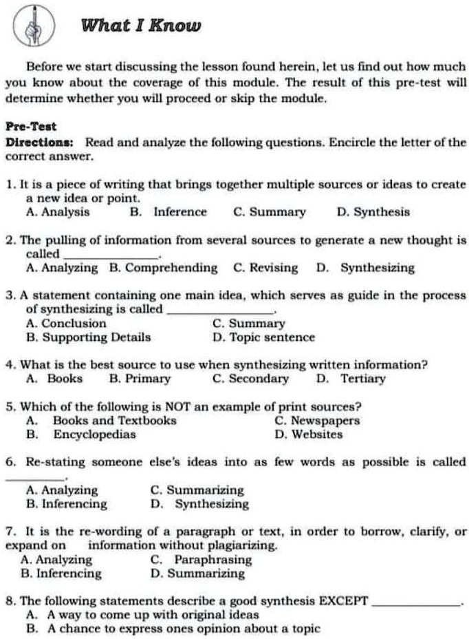 SOLVED: Pre-Test Directions: Read And Analyze The Following Questions ...