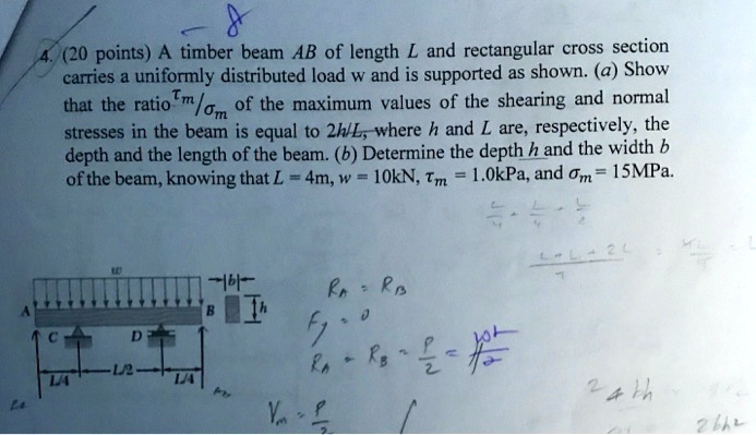 SOLVED: 4.20 points: A timber beam AB of length L and rectangular cross ...