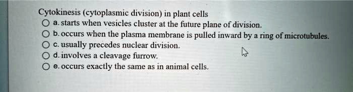 Cytokinesis (cytoplasmic division) in plant cells
a. starts when vesicles cluster at the future plane of division.
b. occurs when the plasma membrane is pulled inward by a ring of microtubules.
c. usually precedes nuclear division.
d. involves a cleavage furrow.
e. occurs exactly the same as in animal cells.