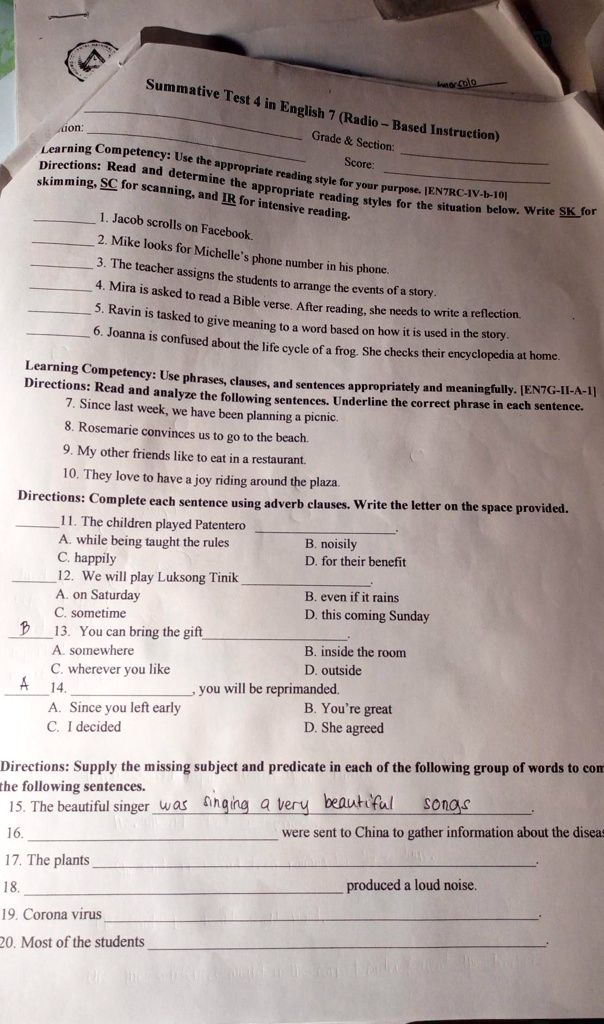 SOLVED: Write SK for skimming, SC for scanning, and IR for intensive ...