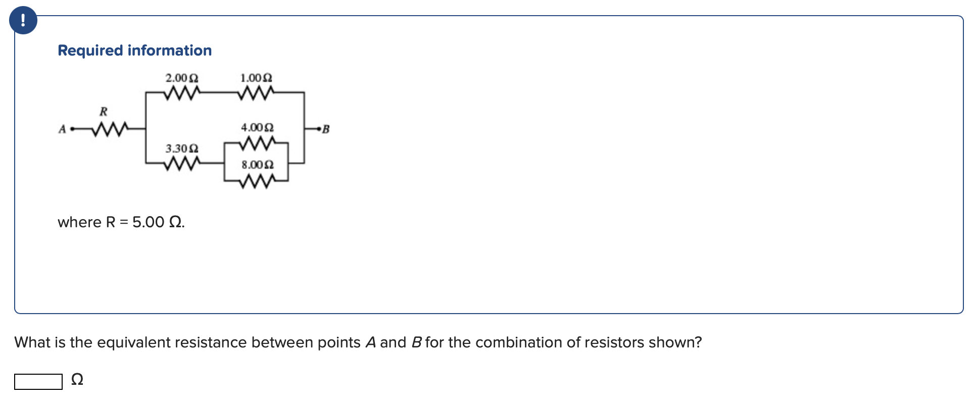 Required information where R=5.00 Ω. What is the equivalent resistance between points A and B