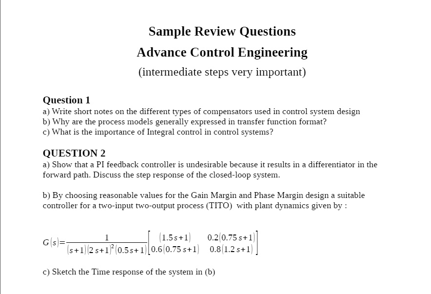 SOLVED Sample Review Questions for Advanced Control Engineering