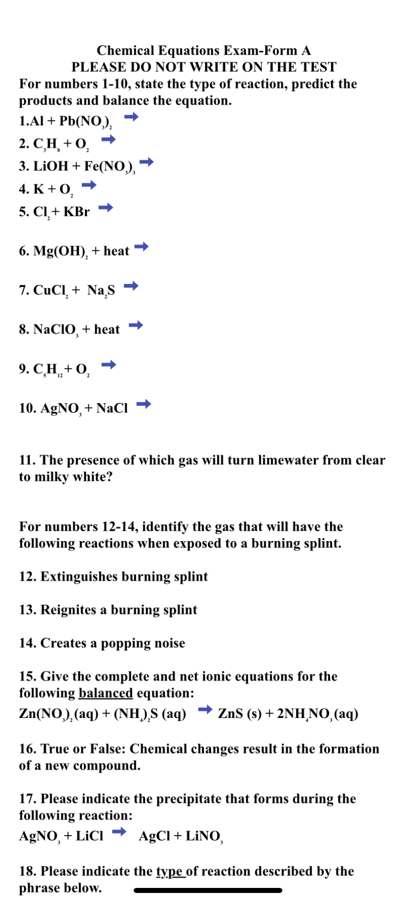 Solved: Chemical Equations Exam-form A Please Do Not Write On The Test 