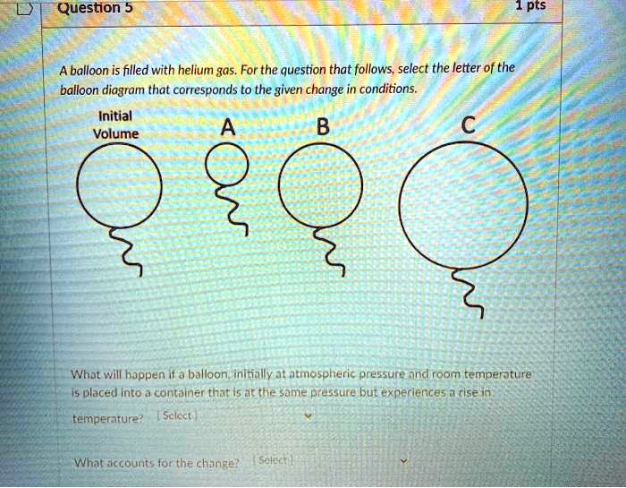 A balloon is filled with helium gas. For the question that follows, select the letter of the balloon diagram that corresponds to the given change in conditions.

Initial Volume
A
B
C

What will happen if a balloon, initially at atmospheric pressure and room temperature is placed into a container that is at the same pressure but experiences a rise in temperature?

What accounts for the change?