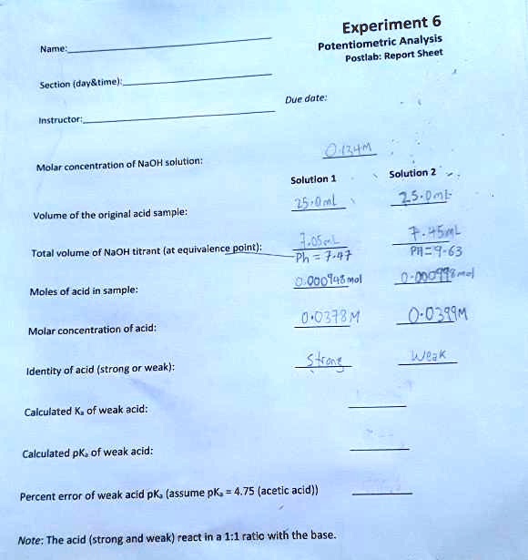 SOLVED Experiment 6 Potentiometric Analysis Postlab Report Sheet Namc