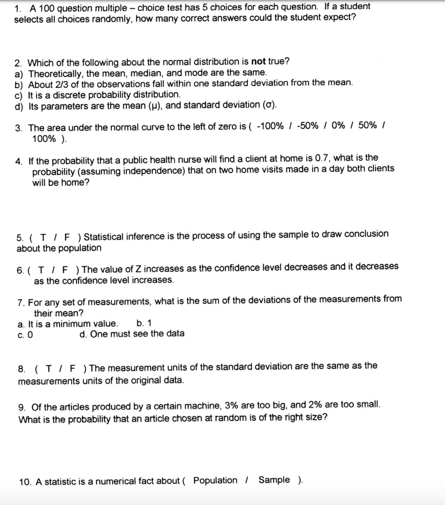 a 100 question multiple choice test has 5 choices for each question if a student selects all choices randomly how many correct answers could the student expect which of the following about t 05334
