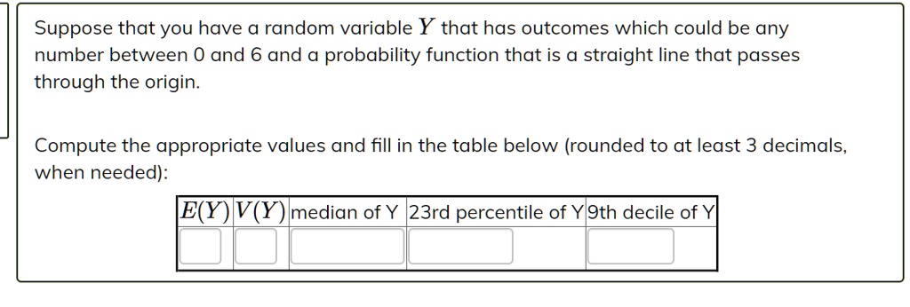 Suppose that you have a random variable Y that has outcomes which could be any
number between 0 and 6 and a probability function that is a straight line that passes
through the origin.
Compute the appropriate values and fill in the table below (rounded to at least 3 decimals,
when needed):
E(Y) V(Y) median of Y 23rd percentile of Y 9th decile of Y