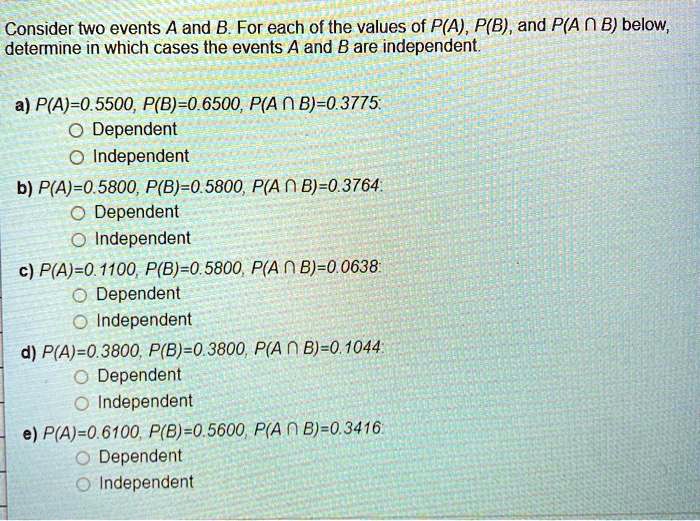 SOLVED: Consider Two Events A And B For Each Of The Values Of P(A), P(B ...