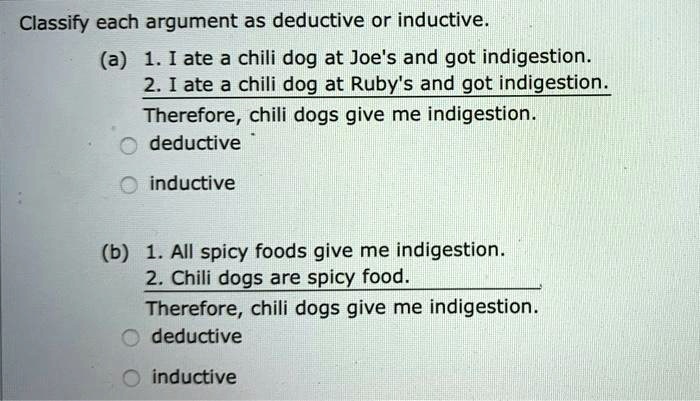 Classify each argument as deductive or inductive.
(a) 1. I ate a chili dog at Joe's and got indigestion.
2. I ate a chili dog at Ruby's and got indigestion.
Therefore, chili dogs give me indigestion.
deductive
inductive
(b) 1. All spicy foods give me indigestion.
2. Chili dogs are spicy food.
Therefore, chili dogs give me indigestion.
deductive
inductive