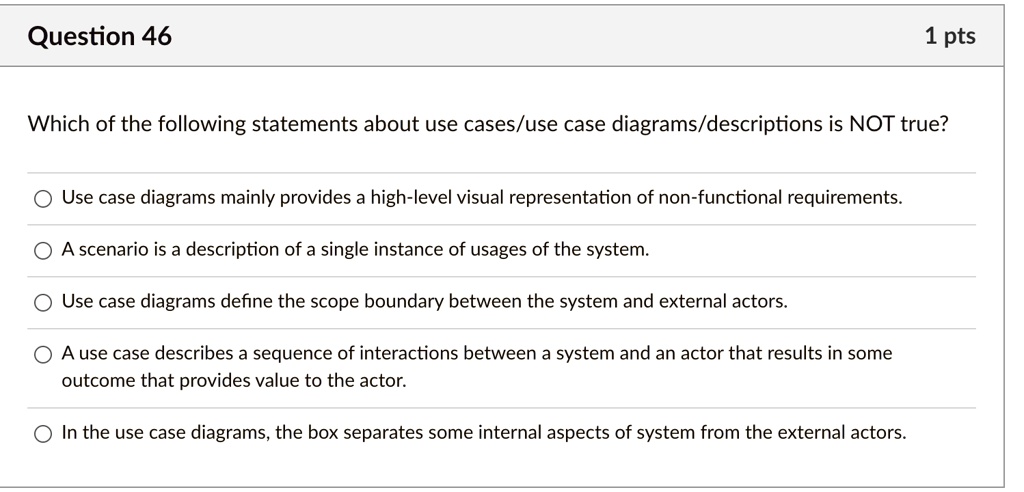 SOLVED: Question 46 1 pts Which of the following statements about use ...