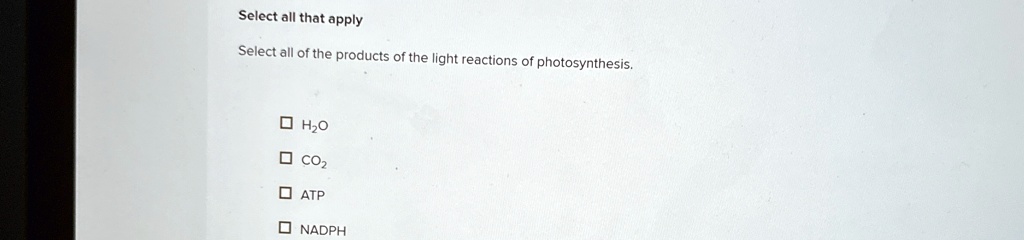 select all that apply select all of the products of the light reactions of photosynthesis square h2o square co2 square atp square nadph 07246